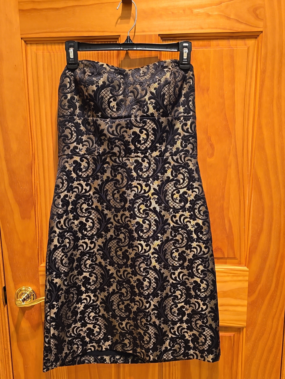 LOFT Strapless Black and Gold Lace-Overlay Sheath Dress
